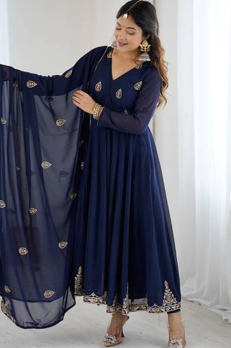 Navy blue georgette anarkali suit set with zari & sequins embroidery