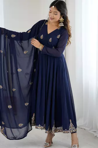 Navy blue georgette anarkali suit set with zari & sequins embroidery