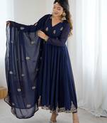 Navy blue georgette anarkali suit set with zari & sequins embroidery
