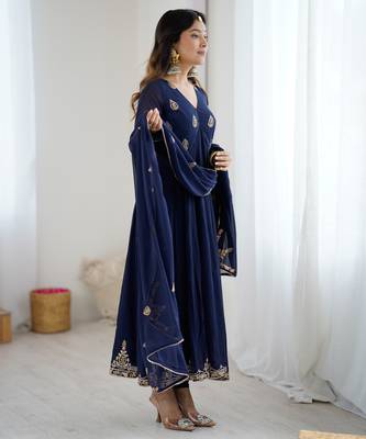 Navy blue georgette anarkali suit set with zari & sequins embroidery 2