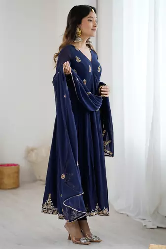 Navy blue georgette anarkali suit set with zari & sequins embroidery