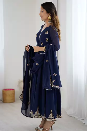 Navy blue georgette anarkali suit set with zari & sequins embroidery