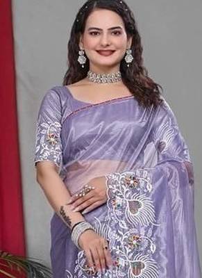 Purple Color Twill Net Multi Color Embroidery Work Saree 1