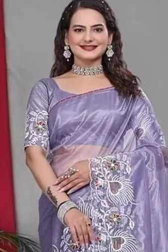 Purple Color Twill Net Multi Color Embroidery Work Saree