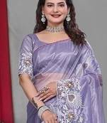 Purple Color Twill Net Multi Color Embroidery Work Saree