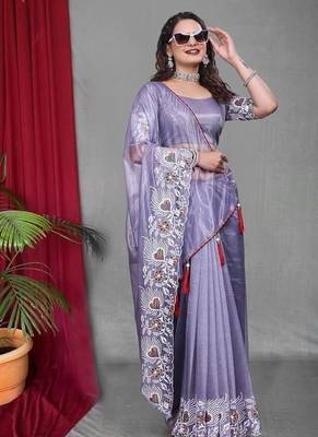Purple Color Twill Net Multi Color Embroidery Work Saree 2