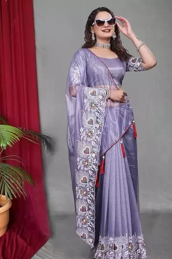 Purple Color Twill Net Multi Color Embroidery Work Saree