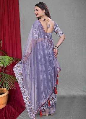 Purple Color Twill Net Multi Color Embroidery Work Saree 3