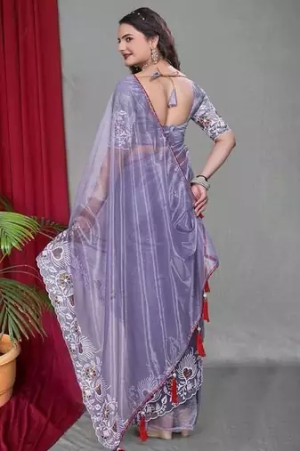 Purple Color Twill Net Multi Color Embroidery Work Saree