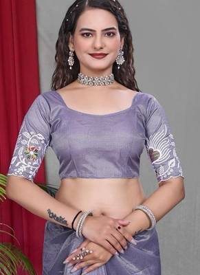 Purple Color Twill Net Multi Color Embroidery Work Saree 4