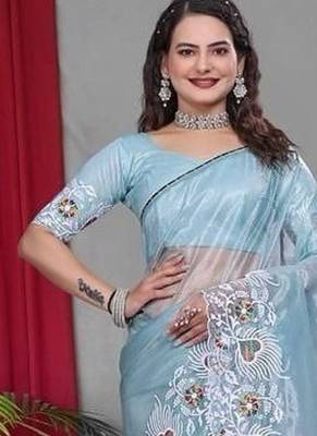 Sky Blue Color Twill Net Multi Color Embroidery Work Saree 2