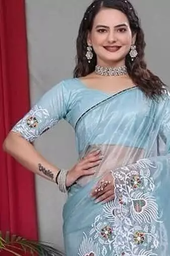 Sky Blue Color Twill Net Multi Color Embroidery Work Saree