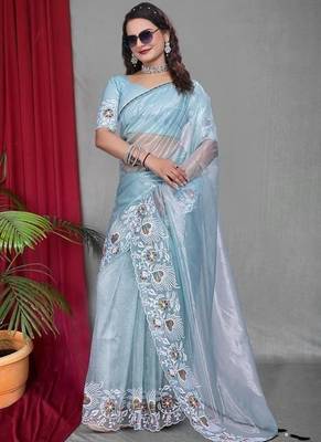 Sky Blue Color Twill Net Multi Color Embroidery Work Saree 1