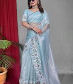 Sky Blue Color Twill Net Multi Color Embroidery Work Saree