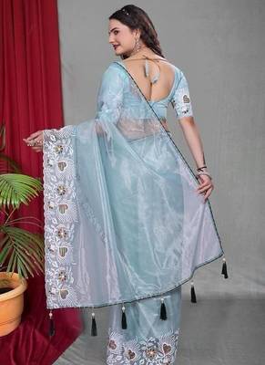 Sky Blue Color Twill Net Multi Color Embroidery Work Saree 3
