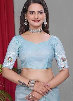 Sky Blue Color Twill Net Multi Color Embroidery Work Saree 4