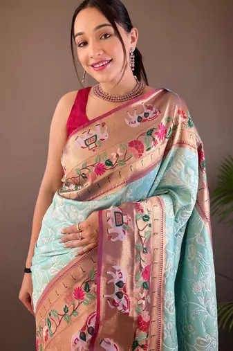 Light Sea Green Paithani silk blend Saree