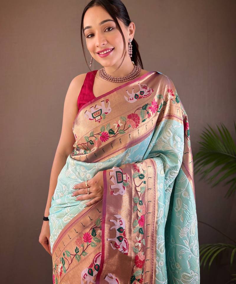 Light Sea Green Paithani silk blend Saree