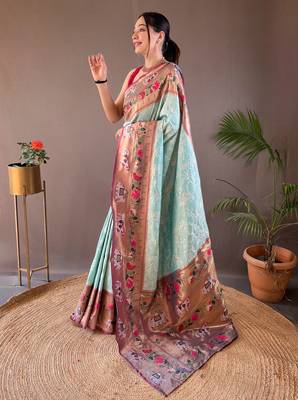 Light Sea Green Paithani silk blend Saree 2