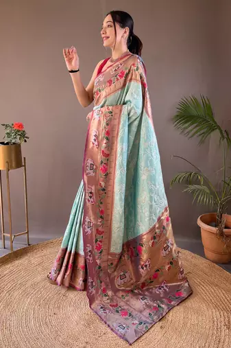 Light Sea Green Paithani silk blend Saree