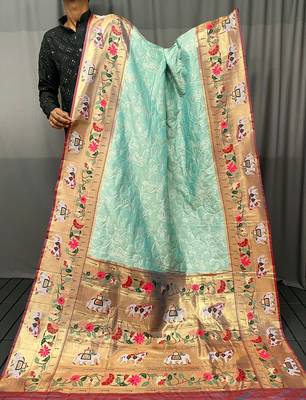 Light Sea Green Paithani silk blend Saree 4