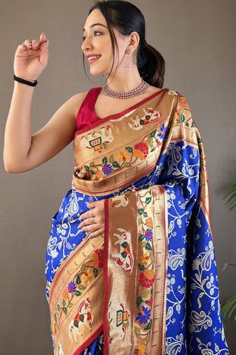 Navy Blue Paithani silk blend Saree