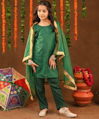 Green Cotton & Georgette Rangrez Suit Set with Beads Wor for Kids - Festive Wear 1