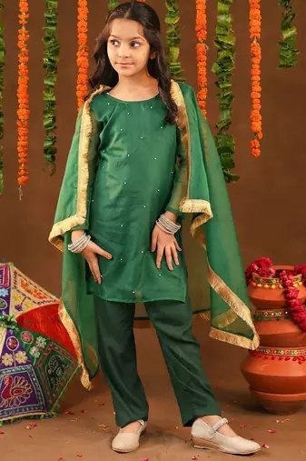 Green Cotton & Georgette Rangrez Suit Set with Beads Wor for Kids - Festive Wear