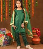 Green Cotton & Georgette Rangrez Suit Set with Beads Wor for Kids - Festive Wear