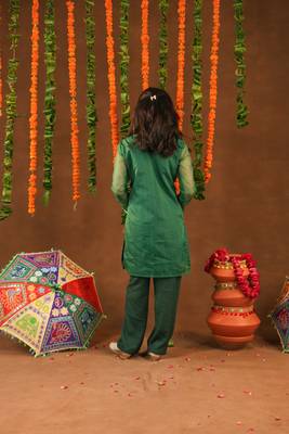 Green Cotton & Georgette Rangrez Suit Set with Beads Wor for Kids - Festive Wear 2