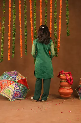 Green Cotton & Georgette Rangrez Suit Set with Beads Wor for Kids - Festive Wear