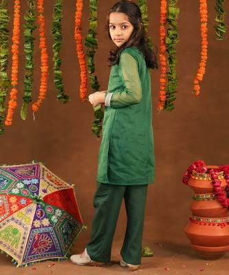 Green Cotton & Georgette Rangrez Suit Set with Beads Wor for Kids - Festive Wear 3