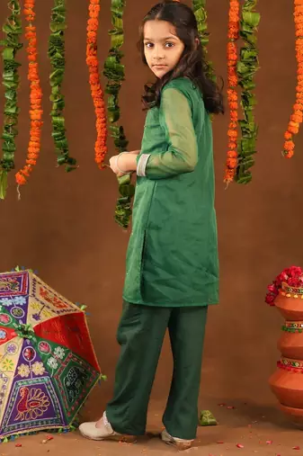 Green Cotton & Georgette Rangrez Suit Set with Beads Wor for Kids - Festive Wear