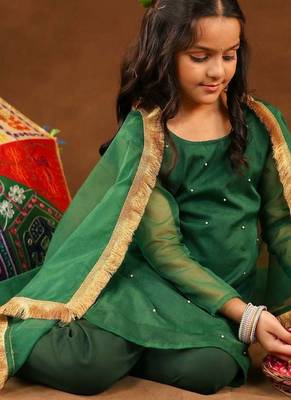 Green Cotton & Georgette Rangrez Suit Set with Beads Wor for Kids - Festive Wear 4