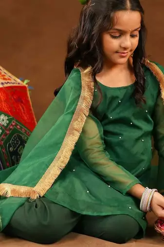 Green Cotton & Georgette Rangrez Suit Set with Beads Wor for Kids - Festive Wear