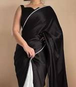 Black Color Two Tone Pari Lace Border Satin Saree