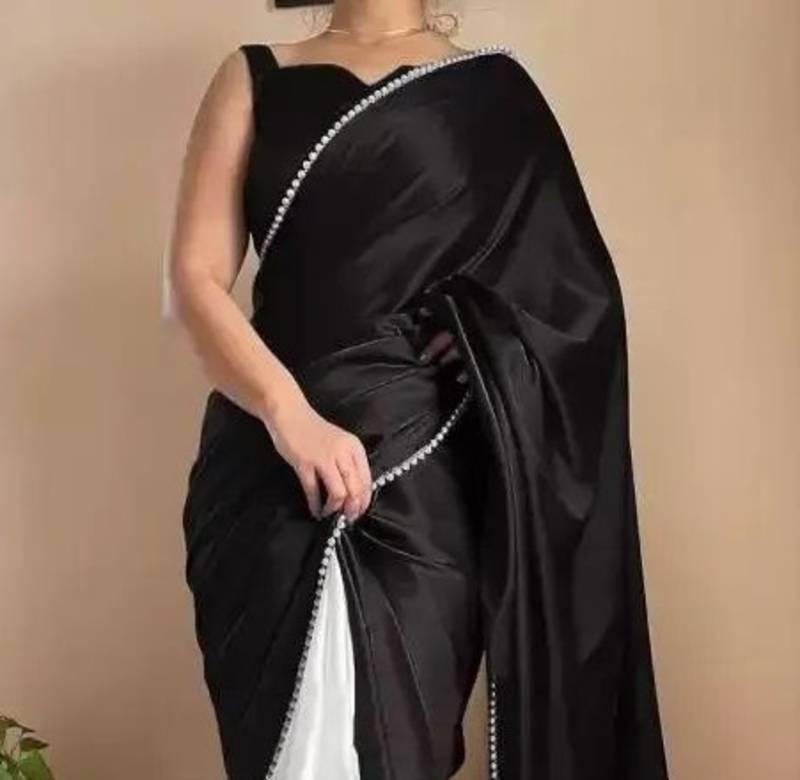 Black Two Tone Pari Lace Border Satin Saree