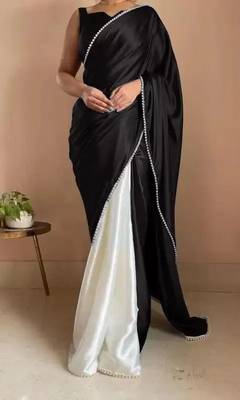 Black Color Two Tone Pari Lace Border Satin Saree 2