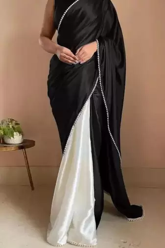 Black Color Two Tone Pari Lace Border Satin Saree