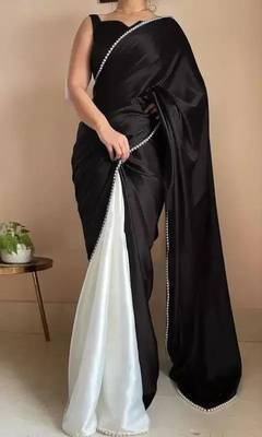 Black Color Two Tone Pari Lace Border Satin Saree 3