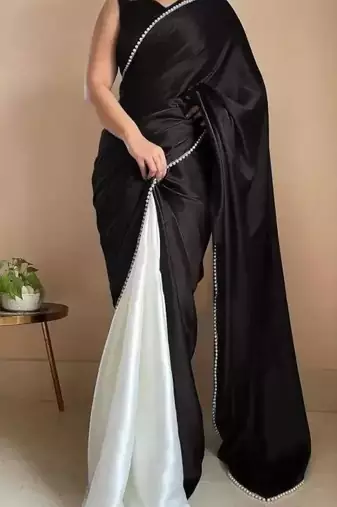 Black Color Two Tone Pari Lace Border Satin Saree