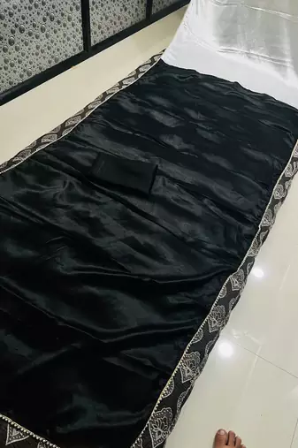 Black Color Two Tone Pari Lace Border Satin Saree