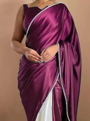 Dark Plum Color Two Tone Pari Lace Border Satin Saree 2