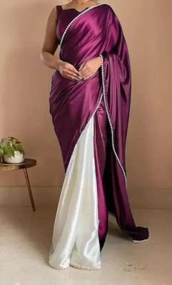 Dark Plum Color Two Tone Pari Lace Border Satin Saree 1