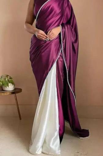 Dark Plum Two Tone Pari Lace Border Satin Saree