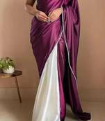 Dark Plum Color Two Tone Pari Lace Border Satin Saree