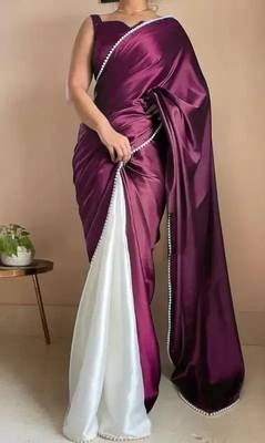 Dark Plum Color Two Tone Pari Lace Border Satin Saree 3