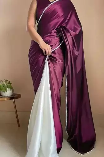 Dark Plum Color Two Tone Pari Lace Border Satin Saree