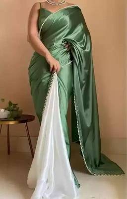 Green Color Two Tone Pari Lace Border Satin Saree 1