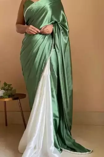 Green Color Two Tone Pari Lace Border Satin Saree